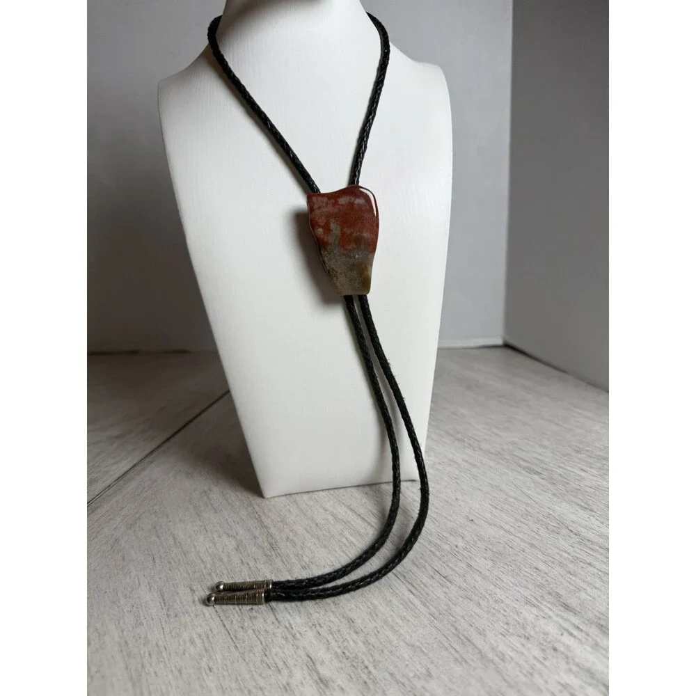 Handcrafted Natural Agate Jasper Stone Slab Bolo Tie Black Braided Leather Cord